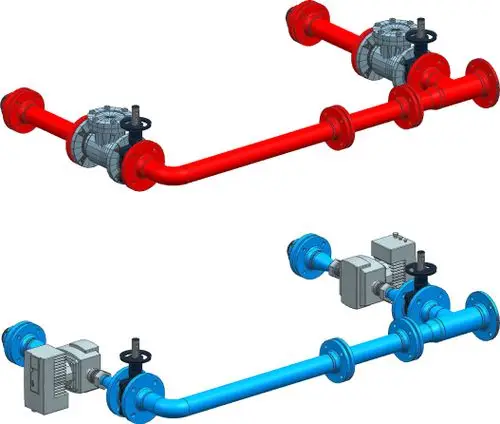 Zwei Rohrleitungen mit Pumpenblock, die rote und blaue Rohre verbinden. Die Konstruktion könnte für eine Heizungs- oder Warmwasserversorgung von Bosch genutzt werden.